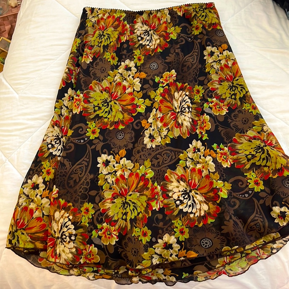 Women vintage brown floral midi skirt